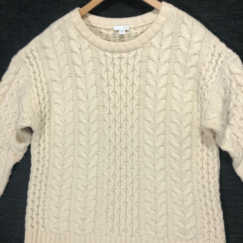 J. Jill Cable Knit Sweater Lambswool Blend Crew‎ Neck Pullover Ivory Small